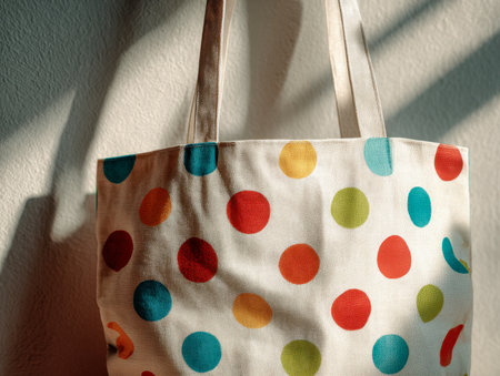 A lively tote with vivid dot patterns drapes on a wall, basking in gentle sunlight that casts inviting shadows, evoking a cheerful, homey vibe.の写真素材