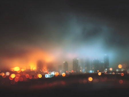 A hazy nocturnal scene where shimmering orange and blue hues mingle, softening skyscrapers and avenues into a surreal, dreamy metropolis retreat.の写真素材