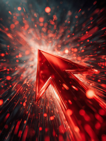 A vivid crimson arrow radiates intense light, streaking forward amid energetic particles and luminous trails, symbolizing innovation and rapid advancement in a sleekの写真素材