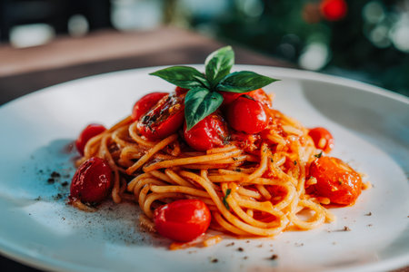A vibrant, sunlit scene featuring a rustic wooden table with a generous serving of al dente pasta, garnished with ripe cherry tomatoes and fragrant basil, evoking anの写真素材