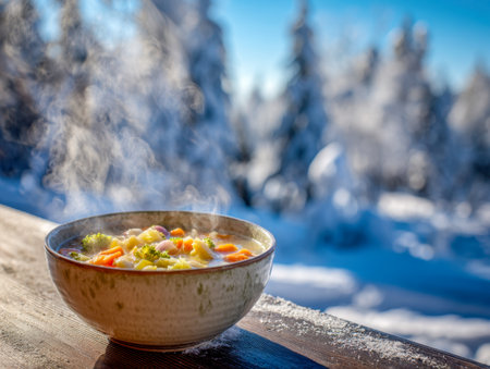 A warm, inviting bowl of vegetable medley, featuring vibrant carrots and broccoli, set outdoors amid snow-covered scenery under a crisp, blue winter sky.の写真素材