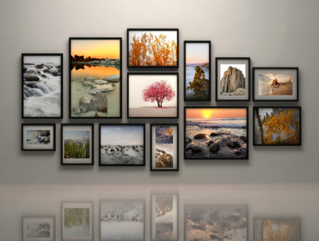 An artful display of diverse seasonal and natural scenes, arranged on a sleek gray backdrop that highlights the vivid colors and tranquil moods through subtle reflectionの写真素材