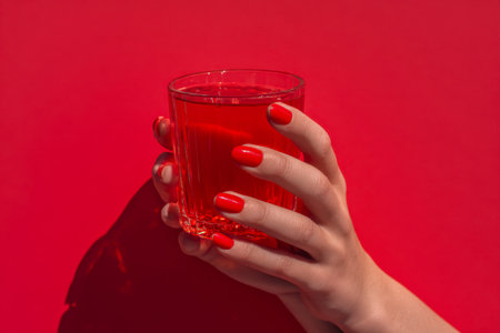 A stylish woman presents a crimson beverage, her fingers adorned with matching scarlet nail polish, set against a bold, monochromatic crimson backdrop amplifying sopの写真素材
