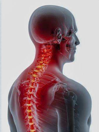A semi-transparent human outline emphasizes the neck and upper back with vivid red and yellow hues indicating areas of inflammation, set against a minimalist white bの写真素材