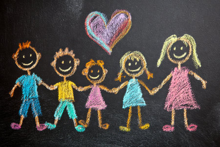 Vibrant chalk art depicts a joyful family linking hands under a soaring heart, celebrating unity and love through innocent childhood imagination.の写真素材