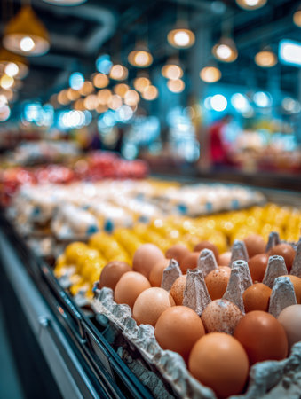 A vibrant market scene showcasing neatly arranged eggs in cartons, illuminated by golden bokeh light, with a lively background of shoppers and colorful produce stallの写真素材