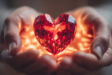 Warm-toned hands cradle a luminous crimson gem in heart shape, evoking tenderness and cherished feelings amid a softly blurred, glowing backdrop.の写真素材