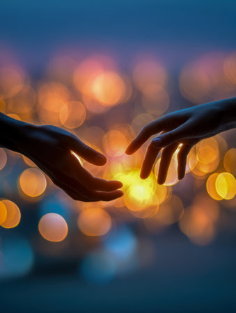 Gentle hands extend toward each other against a luminous city glow blending golden and blue tones, evoking connection, hope, and moments of tender unity at dusk.の写真素材