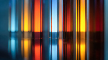A striking array of sleek glass slats in bold hues cast vivid reflections on a polished black base, forming an intricate, balanced composition filled with depth andの写真素材