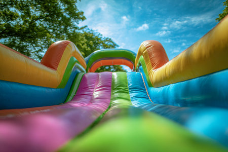 A lively, rainbow-hued inflatable slide stands against a clear blue sky, surrounded by lush green...