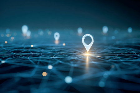 Illuminated markers highlight key nodes on a sleek digital map, illustrating seamless data exchange and routing within an advanced technological framework.の写真素材