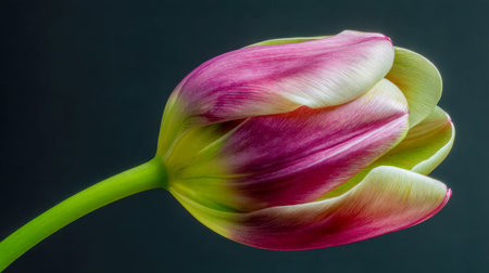 A graceful pink and white tulip stands alone against a deep shadowed backdrop, revealing intricate...