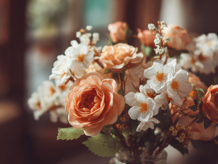 A gentle, blurred image captures a charming arrangement of gentle peach roses and crisp white blooms...