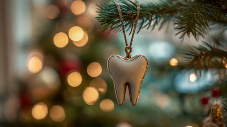 A glossy white ornament resembling a tooth dangles from a lush pine branch, illuminated by soft holiday lights that create a warm, cheerful festive ambiance.の写真素材