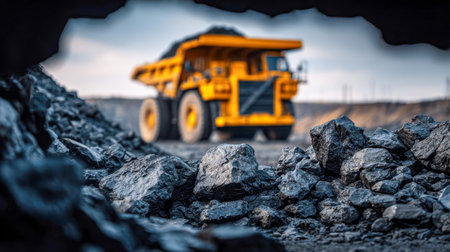 A robust yellow vehicle moves across a rugged landscape, carrying a load of dark mineral material amid jagged rocks and natural daylight at an active excavation siteの写真素材
