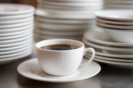 A pristine white ceramic mug brimming with dark, aromatic coffee rests on a matching saucer, tucked among organized plates in a cozy kitchen space.の写真素材