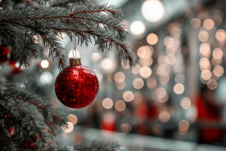 A vibrant red holiday bauble delicately dangles from a lush pine branch, illuminated by twinkling amber lights that evoke a warm, inviting festive mood.の写真素材
