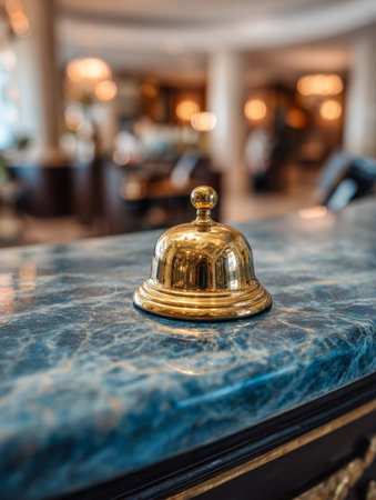 A glaming brass bell rests atop a smooth blue marble surface, set against a softly-focused hotel foyer illuminated by cozy, inviting lighting.の写真素材