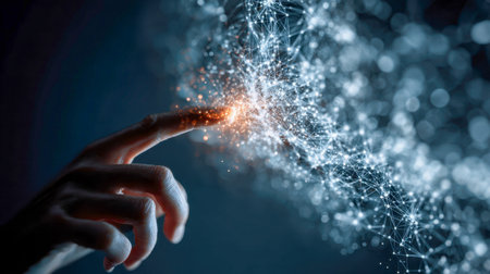 A human finger gently contacts a luminous web of interconnected data nodes, representing cutting-edge digital innovation and the evolution of intelligent systems.の写真素材