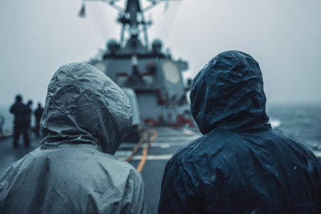 Two figures clad in waterproof gear stand steadfast on a vessel's deck, confronting an foggy horizon amid overcast skies as sailors prepare in the misty distaの写真素材