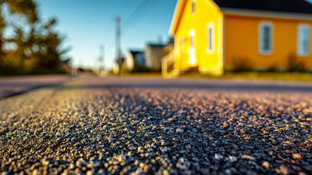 Sunlit morning illuminates a rugged asphalt path, with a cheerful yellow home gently out of focus, evoking a cozy, serene community ambiance.の写真素材
