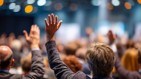 Enthusiastic attendees reach upward in a bustling seminar, their eager expressions illuminated by...