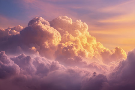 A tranquil sunset bathes the sky in gentle golds and pinks, casting a soothing glow over puffy...