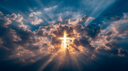 Warm, luminous sunlight pierces through turbulent clouds, illuminating a radiant cross against a majestic sky, inspiring serenity and spiritual reflection.の写真素材