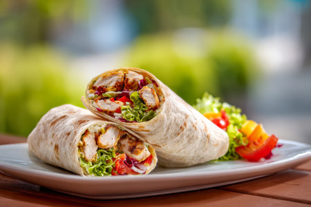 Juicy grilled chicken rolled in a soft wrap, bursting with crisp lettuce, ripe tomatoes, and seasoned spice blend, complemented by a vibrant veggie medley outdoors.の写真素材
