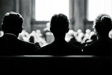 Three focused attendees sit quietly in subdued lighting, engaging with a speaker, while a softly blurred audience backdrop emphasizes the intimate, serious atmosphereの写真素材