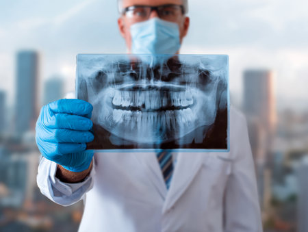 A healthcare expert in protective attire reviews a dental radiograph, set against a blurred city skyline, highlighting dedication to urban dental health.の写真素材