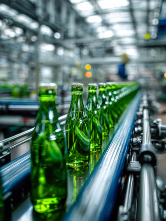 Prosperous green bottles form a uniform row on a sleek conveyor, illuminated by crisp overhead lights amidst a contemporary factory setting.の写真素材