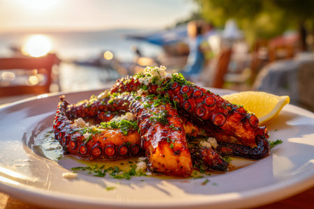 Succulent grilled octopus, expertly seasoned with fresh herbs and garlic, rests on a pristine white...