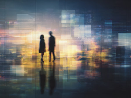 Two shadowy figures stand in contour amid a luminous, high-tech environment, where shimmering light designs and mirrored floors create a sleek, visionary atmosphere.の写真素材