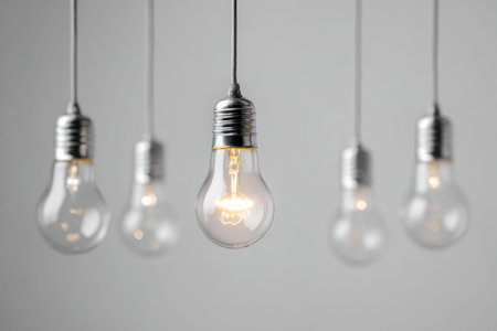 A collection of vintage filament bulbs dangle from suspended cords, with a single radiant glow...