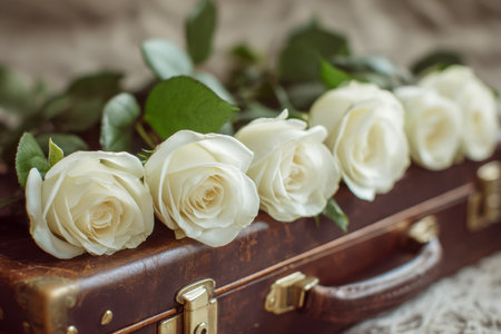 A delicate grouping of white roses rests atop an aged leather suitcase, evoking classic elegance and a sense of nostalgic journey amid gentle natural light.の写真素材