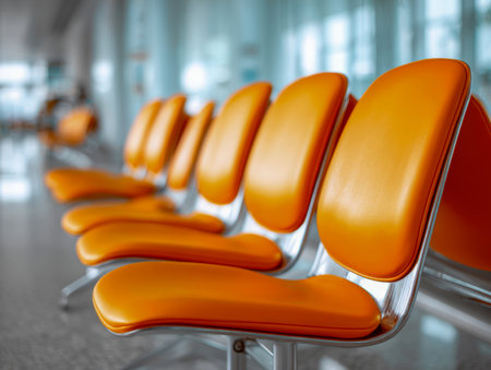 A stylish seating area with vibrant orange chairs and polished metal legs, set against expansive windows that flood the space with natural light.の写真素材
