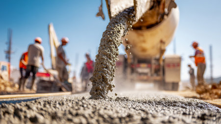 Construction workers expertly spread and level a freshly poured concrete slab beneath a bright blue sky, capturing progress and teamwork in action on site.の写真素材