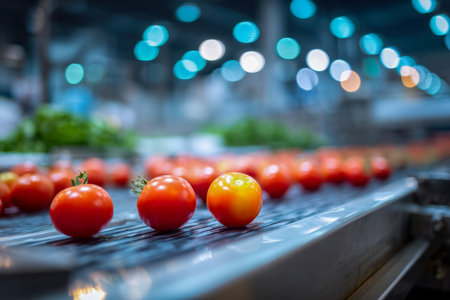 Brightly colored tomatoes glide smoothly along a sleek conveyor system, illuminated by vivid lighting in a cutting-edge food production facility, emphasizing freshneの写真素材