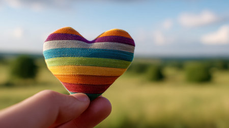 A person's hand gently cradles a vibrant heart made of rainbow-stripped fabric, capturing themes of...