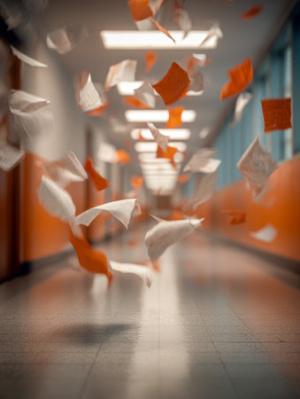 Endless corridor bathed in vibrant light, with vibrant orange and white walls, as flying sheets of paper create a lively, whirlwind-like scene of motion.の写真素材