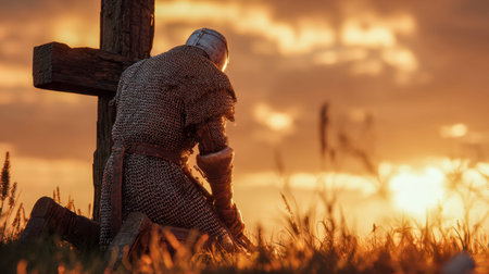 A cloaked warrior in shimmering chainmail bows in devotion at dusk, amidst a sea of golden grasses...