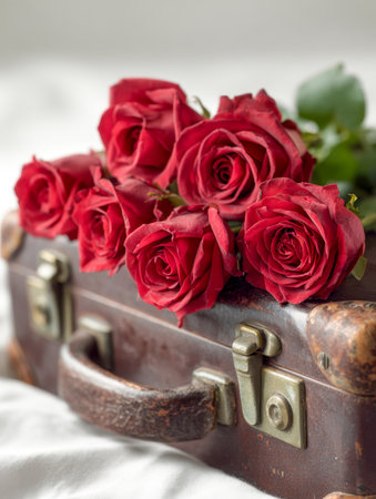An aged leather trunk with a scuffed handle cradles a vibrant bouquet of roses atop gentle white linens, evoking timeless romance and cherished journeys.の写真素材