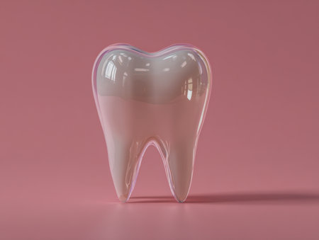 A sleek, glossy clear tooth replica set against a gentle pink backdrop, highlighting innovation in dental technology and the importance of oral wellness.の写真素材