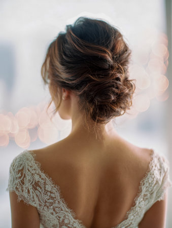 A refined woman with a complex updo and a sheer lace gown gazes into the distance amid a backdrop of gentle, luminous bokeh, exuding grace and sophistication.の写真素材