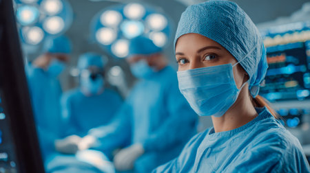 A skilled female medical professional stands assuredly in a luminous surgical theater, surrounded by advanced tools and a dedicated team, radiating confidence and foの写真素材