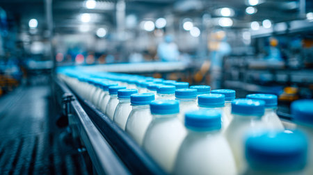 A row of pristine milk bottles with vibrant blue lids advance along a sleek conveyor system, set...