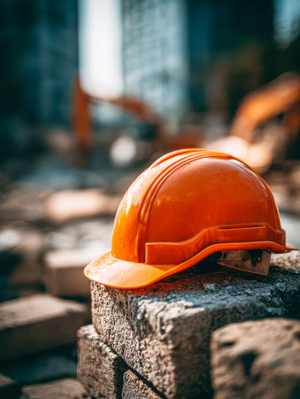 A vivid orange helmet sits atop stacked concrete amid blocks a bustling construction zone, with machinery and city structures softly blurring in the background.の写真素材
