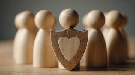 A handcrafted wooden figure stands vigilantly with a heart-emblazoned shield, embodied protection and compassion amidst a nurturing supportive environment.の写真素材