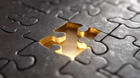 An incomplete puzzle fragment featuring a striking golden segment, illustrating the quest for insight and unraveling the secrets within a layered, interconnected sysの写真素材